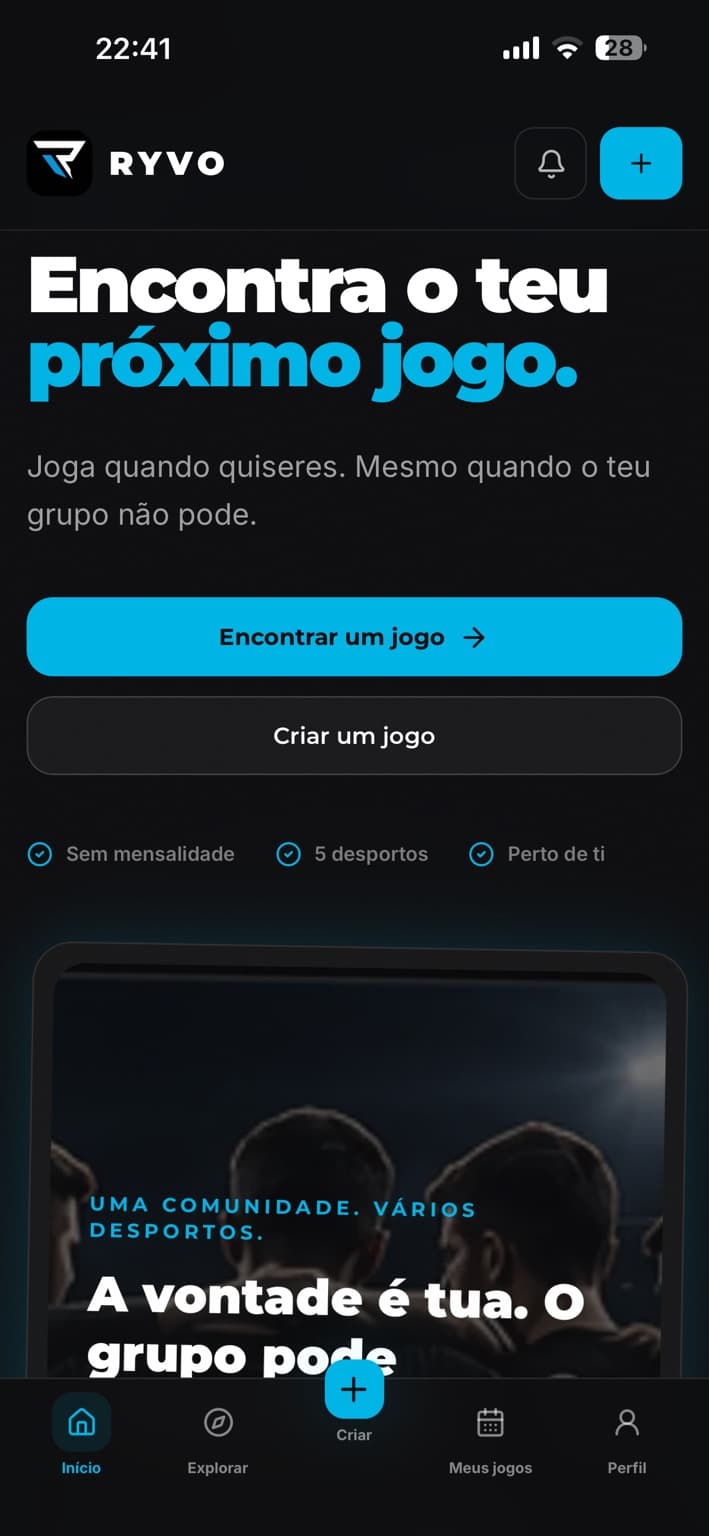 Página inicial da aplicação RYVO num smartphone